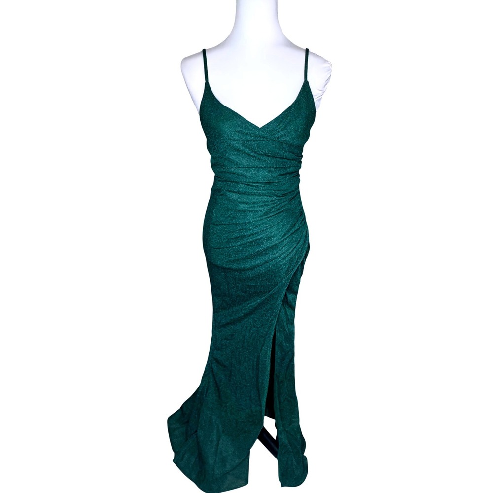 Emerald Green Shimmer Ruched Maxi Dress V-Neck Slit Prom Formal Gown Size S